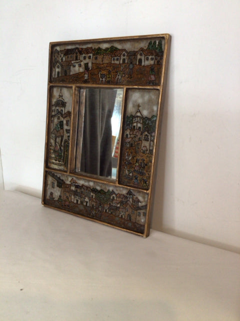 Folk Art Brown/Green Wood/Glass Village Mirror