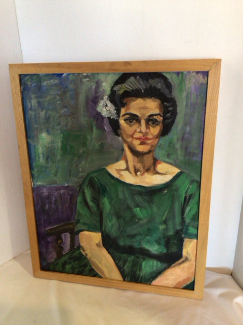 Mid Century Green/Purple Painted Woman Framed Art