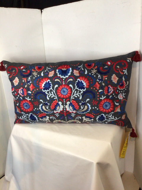 Blue Canvas Crewel Floral Pillow