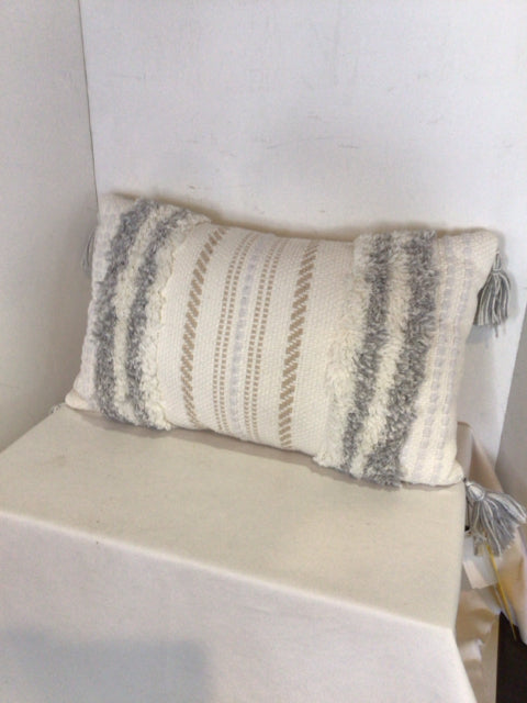 Textured White/Gray Cotton Tufted Stripe Pillow
