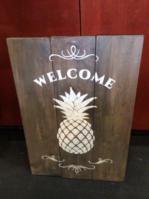 Sign Wood Pineapple Welcome Brown/White Wall Decoration Art