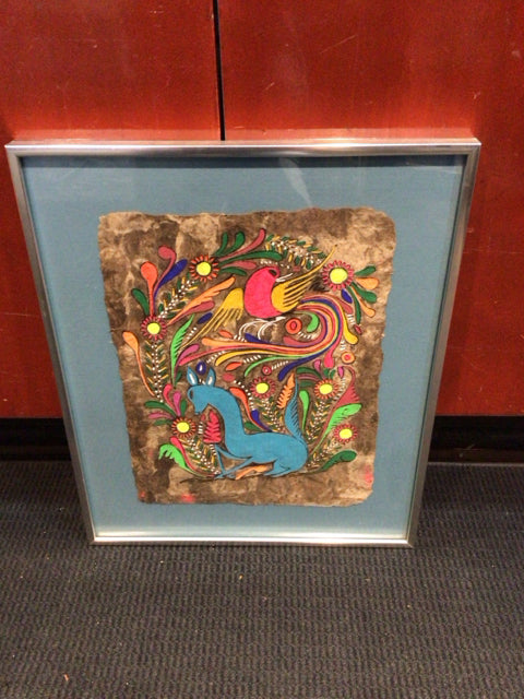 Folk Art Teal/Multi Painted Birds Framed Art