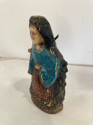 Vintage Blue/Multi Wood Carved Woman Sculpture