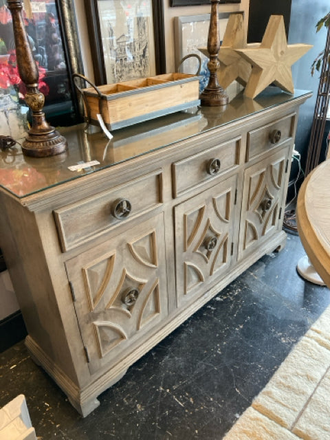 Wood 3 Doors Glass Top Greige Buffet/Sideboard