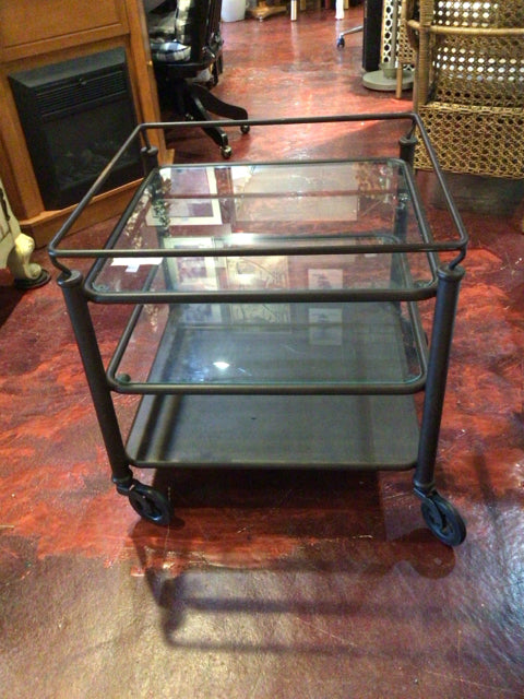 Pottery Barn Industrial Glass/Metal Tiered End/Side Bronze Table