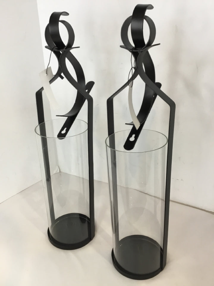 Wall Mounted Black Metal/Glass Pair Candle Holders