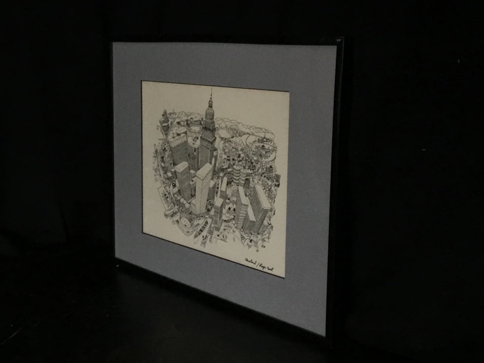 Original Framed Black/White Drawing Cityscape Matted Print
