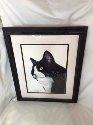 Signed Black/White Cat Framed Art