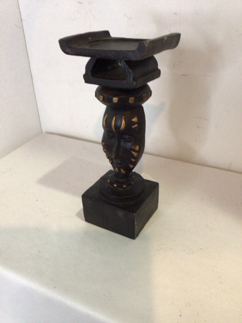 Vintage Tribal Black Wood Carved Head Candle Holder