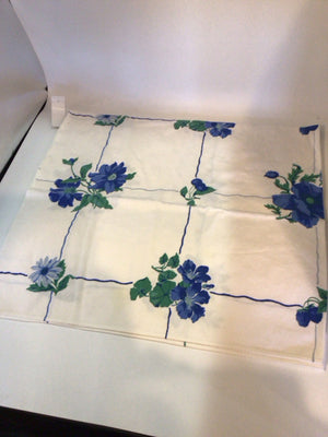 Vintage White/Blue Cotton Floral As Is Tablecloth