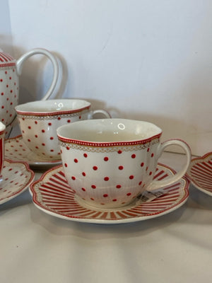 Dish Red/white Ceramic Tea Pot and Cups 12 piece set Holiday Item