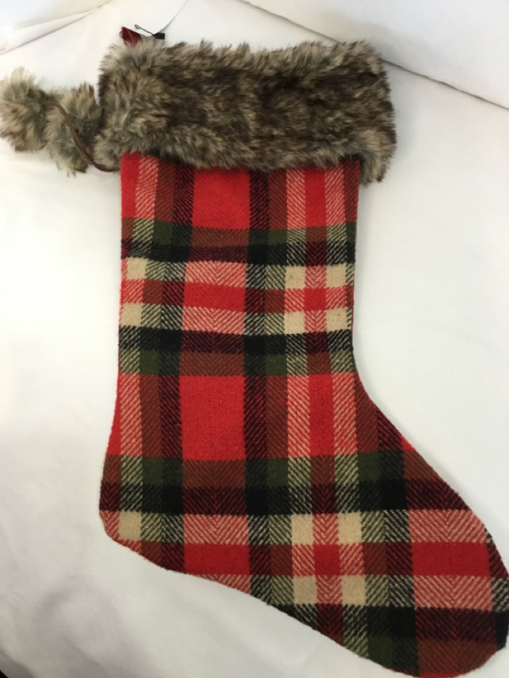 Christmas Red/Brown Polyester Stocking Checkered Holiday Item