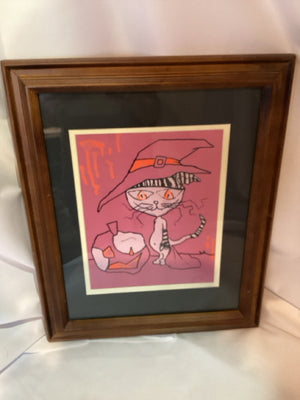 Signed Halloween Pink/Orange Painted Cat Pumpkin Framed Art