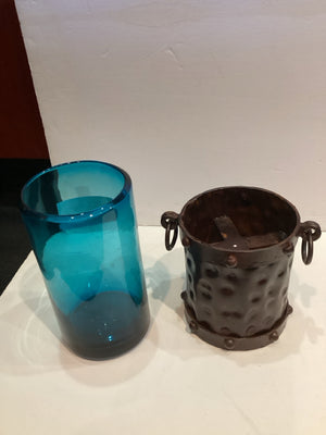 Blue/ Brown Metal/Glass 2 Piece Candle Holder