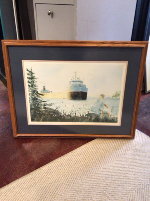 Signed Blue/White Boat Boy Framed Art
