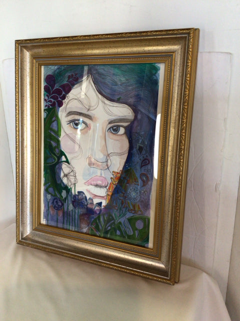 Signed Multi-Color Drawing Portrait Framed Art