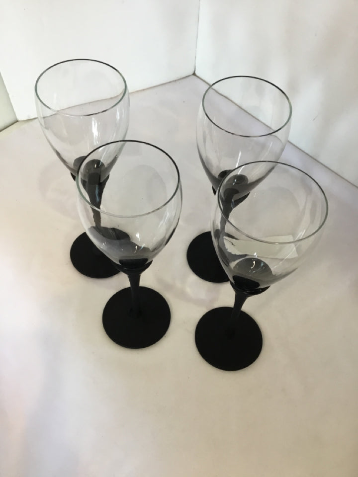Set of 4 Clear/Black Glass Stemmed Glasses