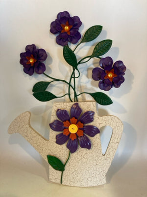 Watering Can Wood & Metal Flowers Cream/Purple Wall Decoration
