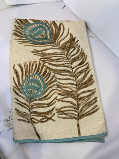 PIER 1 Cream/Brown Cotton Embroidered Beaded Feathers Table Runner