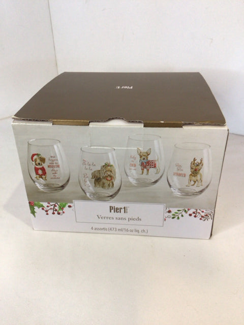 PIER 1 Christmas Clear/Multi Glass Glasses Set of 4 Holiday Item