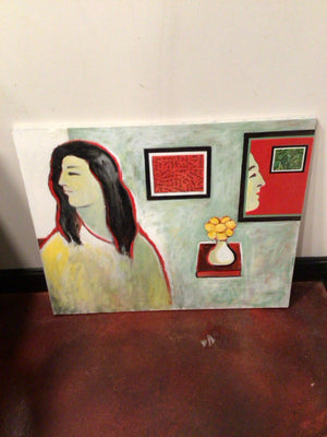 Original Green/Red Oil Women Framed Art