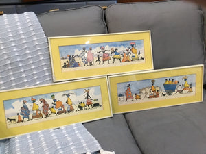 Signed Triptych Yellow Tribal People Framed Art