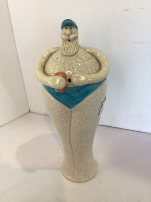 Summertime Whimsical Gray/blue Pottery Man Statue