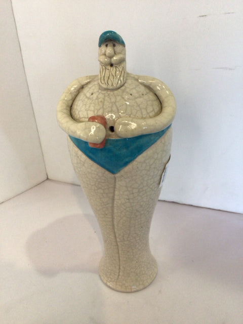 Summertime Whimsical Gray/blue Pottery Man Statue