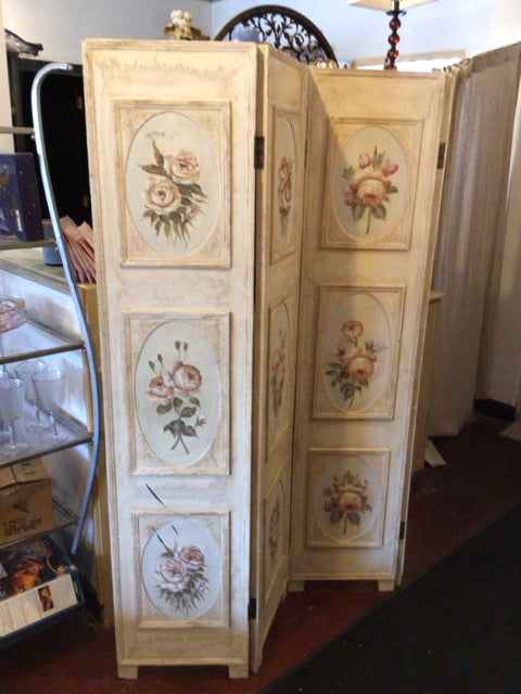 Vintage Folding Wood Floral 4 Panels Cream/Multi Screen