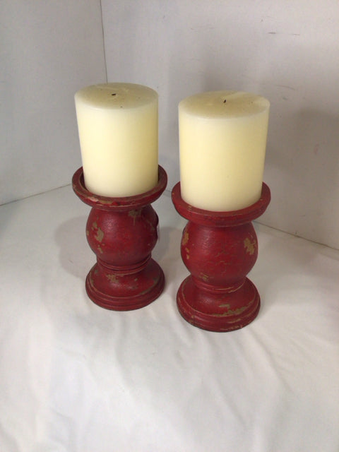 Rustic Pair Red w/candles Candle Holders