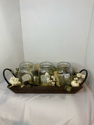 Battery Operated Tan/White Wood/Glass 3 Candles Centerpiece