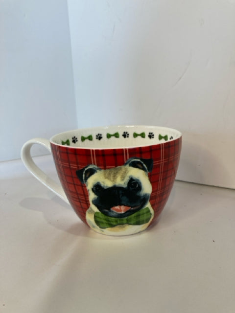 Mug Red/Green Bone China Pug Plaid Holiday Item