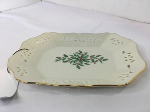 Lenox Christmas White/Green Ceramic Tray Holly Holiday Item