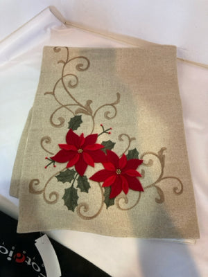 Table Runner Beige Polyester Poinsettia Holiday Item