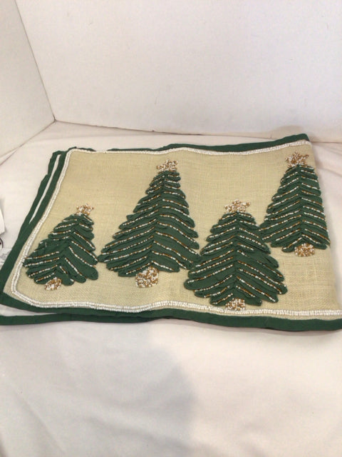 Christmas Natural/Green Burlap Table runner Trees Holiday Item