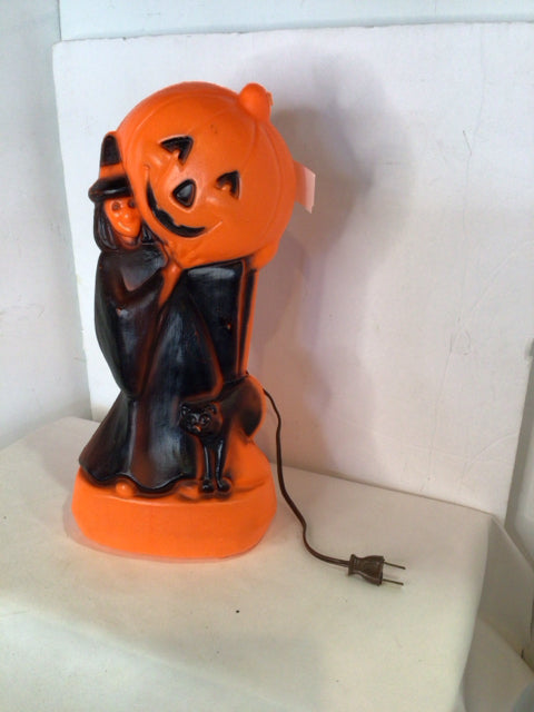 Blow Mold Halloween Orange/Black Plastic Witch Holiday Item