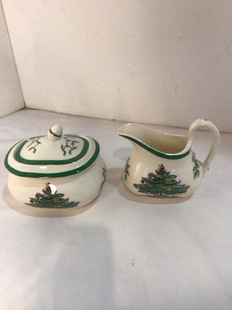 Spode Cream & Sugar White/Green Christmas Tree As Is Holiday Item