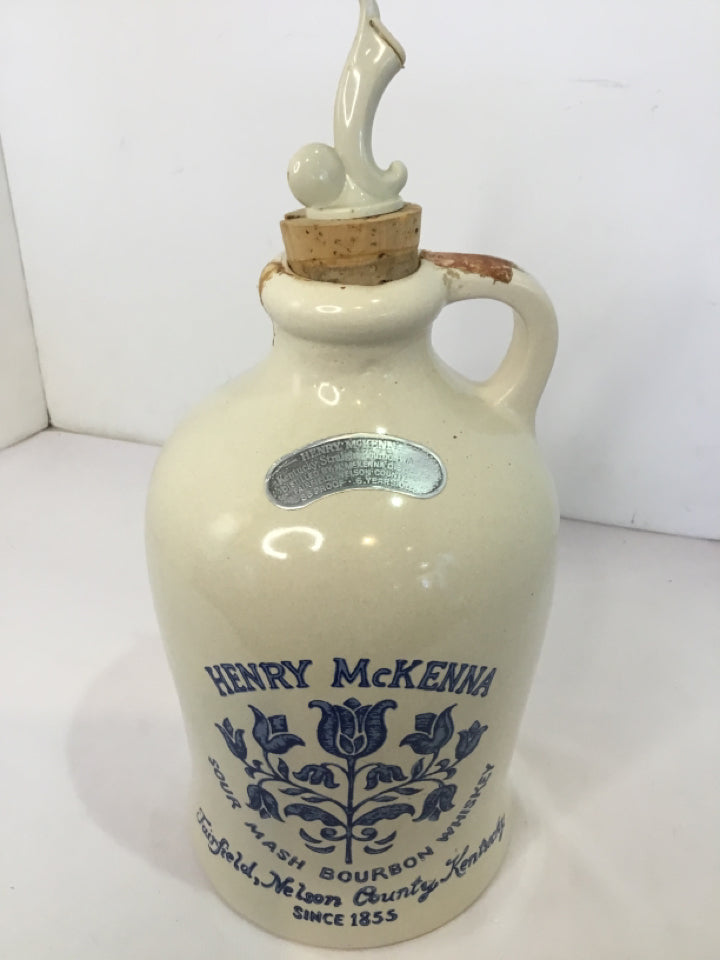 Henry McKenna Cream/Blue Stoneware Whiskey Jug/Decanter
