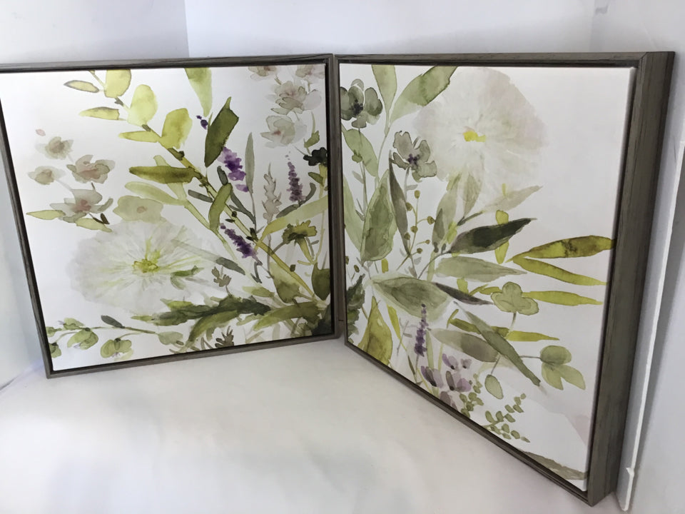Pair Green/White Flower Framed Art