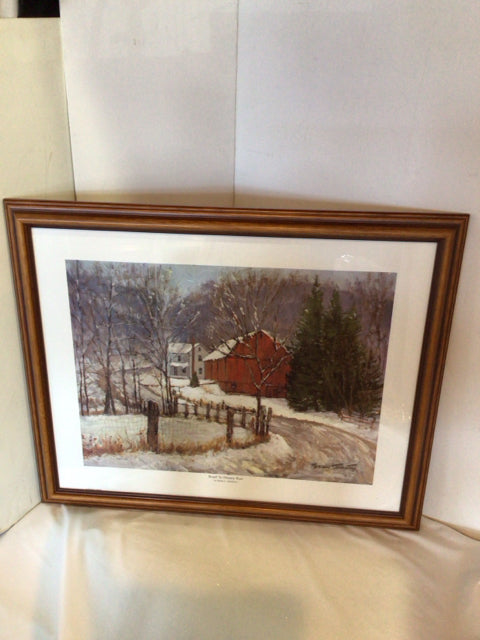 Winter White/Red Barn Framed Art