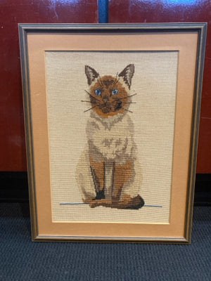 Vintage Brown/Tan Needlepoint Cat Framed Art