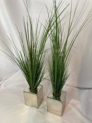 Pair Green/Silver Grass In Planter Faux Plant