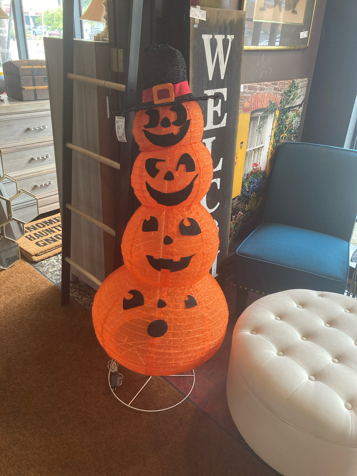 Light Up Orange Fabric Pumpkin On Stand Decoration
