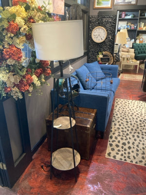 Floor Tan/Black Wood/Metal Shelves Round Lamp