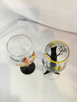 Halloween Black/Orange Glass Wine Glasses Pair Holiday Item