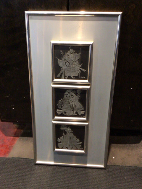 Oriental Silver/Blue Divided As Is Framed Art