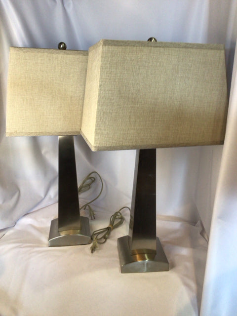 Pair Silver Metal Lamp Set