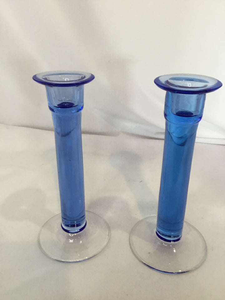 Modern Blue Glass Pair As Is Candle Stick