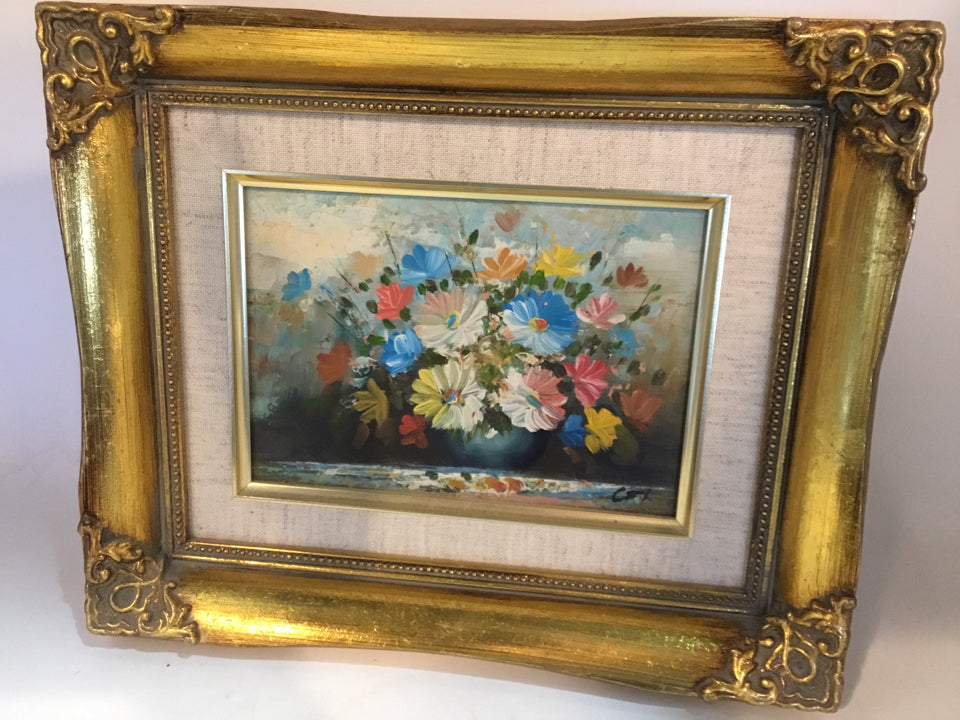 Signed Gold Frame Painting Flowers In Vase Framed Art