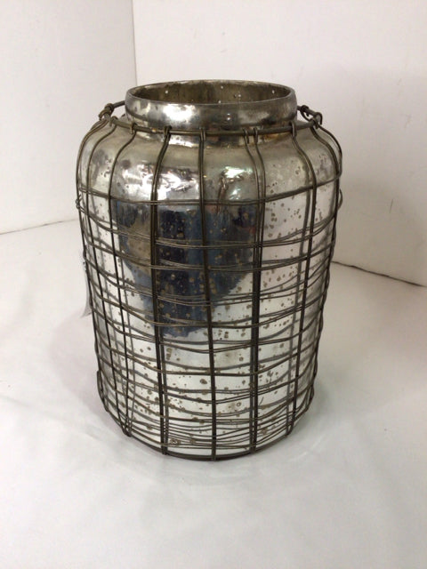 Silver Mercury Glass Wire Hurricane Candle Holder